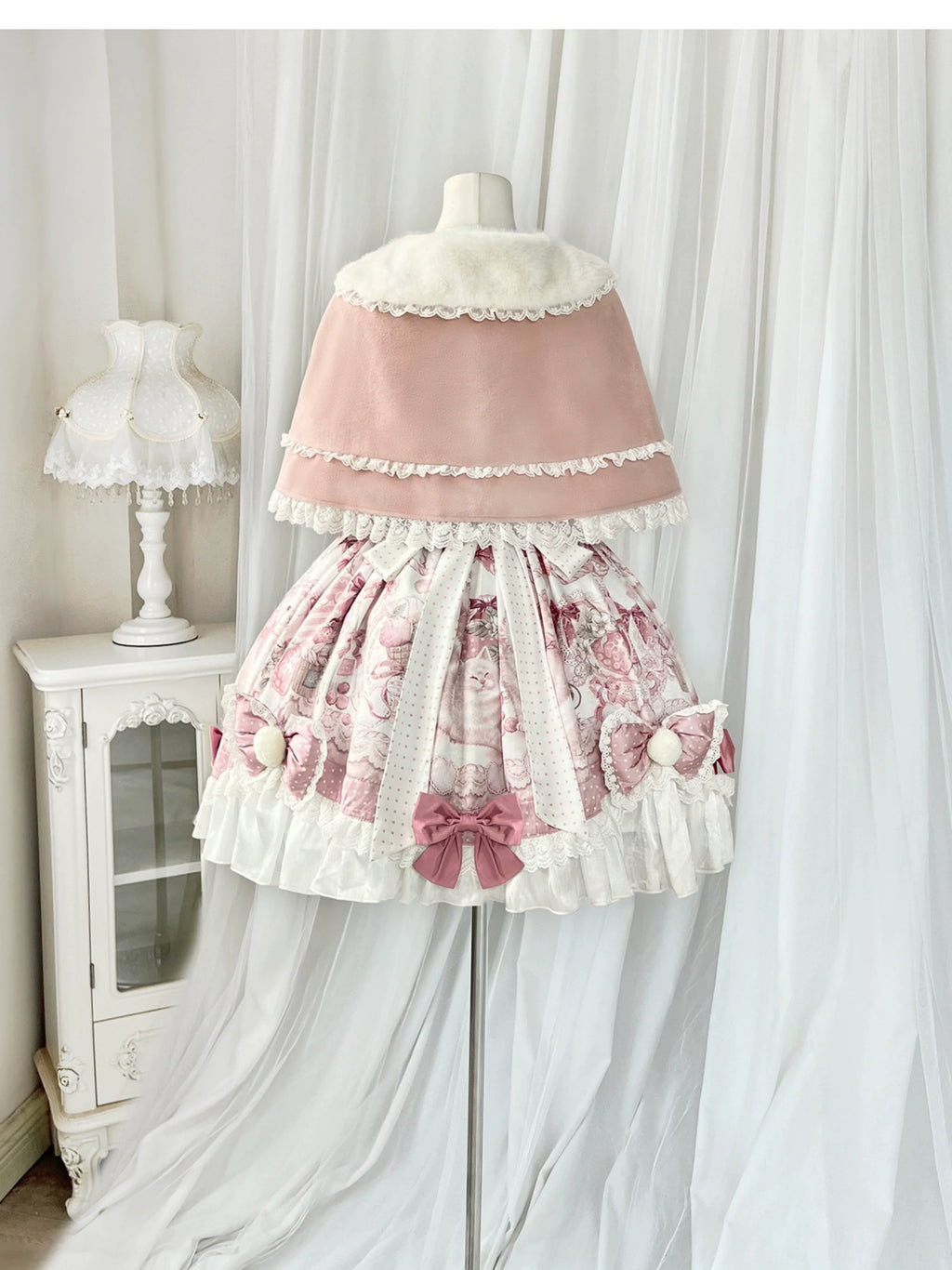 Lolita Capelette Dress Set with Bow - detail and Lace Trim, Pastel Pink and White Color Scheme