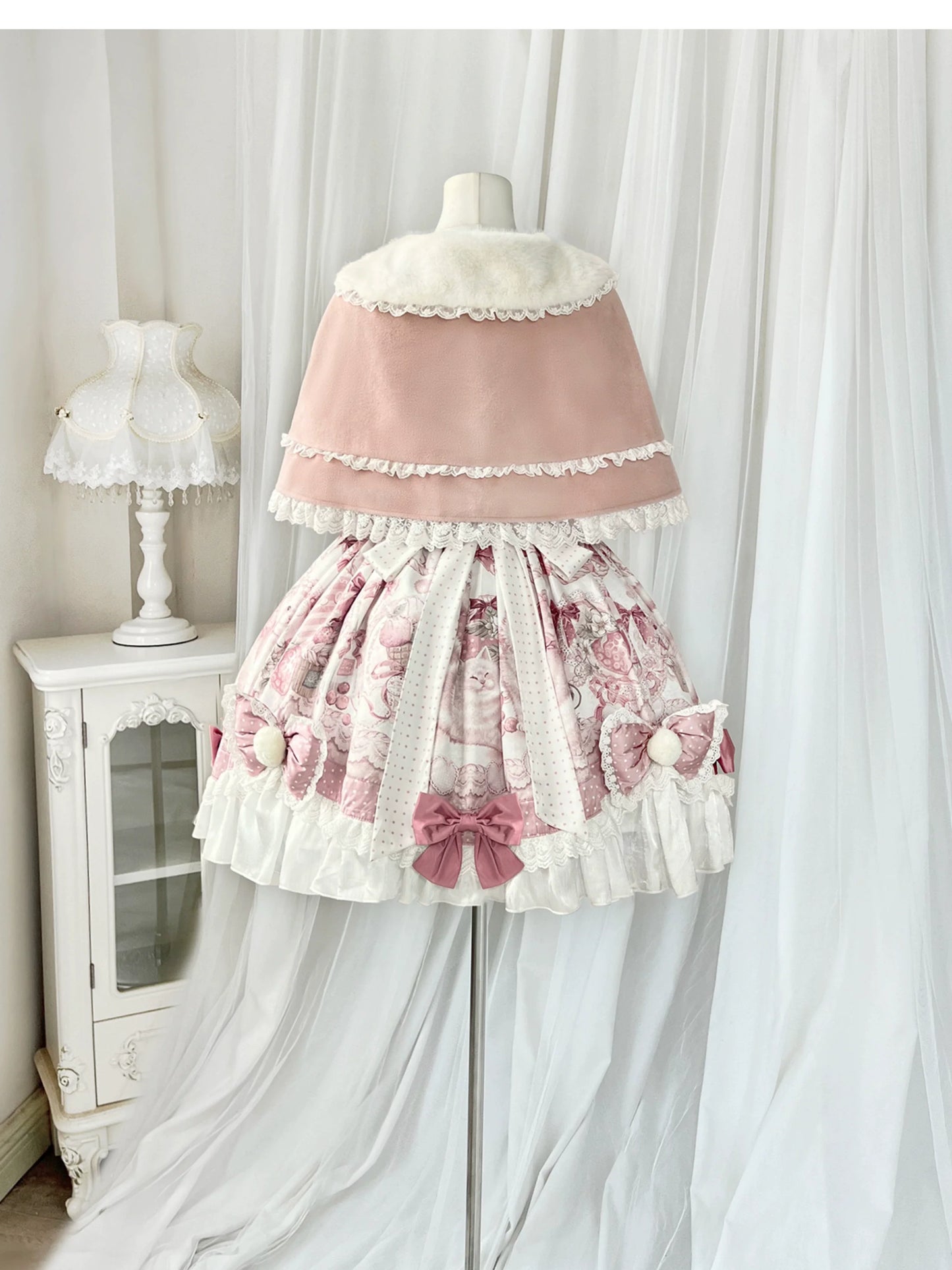 Lolita Capelette Dress Set with Bow - detail and Lace Trim, Pastel Pink and White Color Scheme