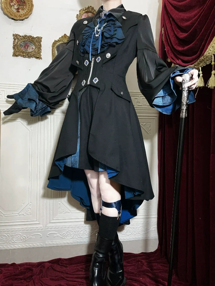 Gothic - Inspired Black and Teal Asymmetrical Long Coat with Puff Sleeves and Decorative Details