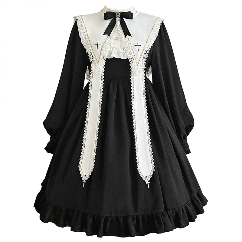 Long-sleeved Lolita princess dress, black, gothic and classical style, suitable for daily wear and Halloween.