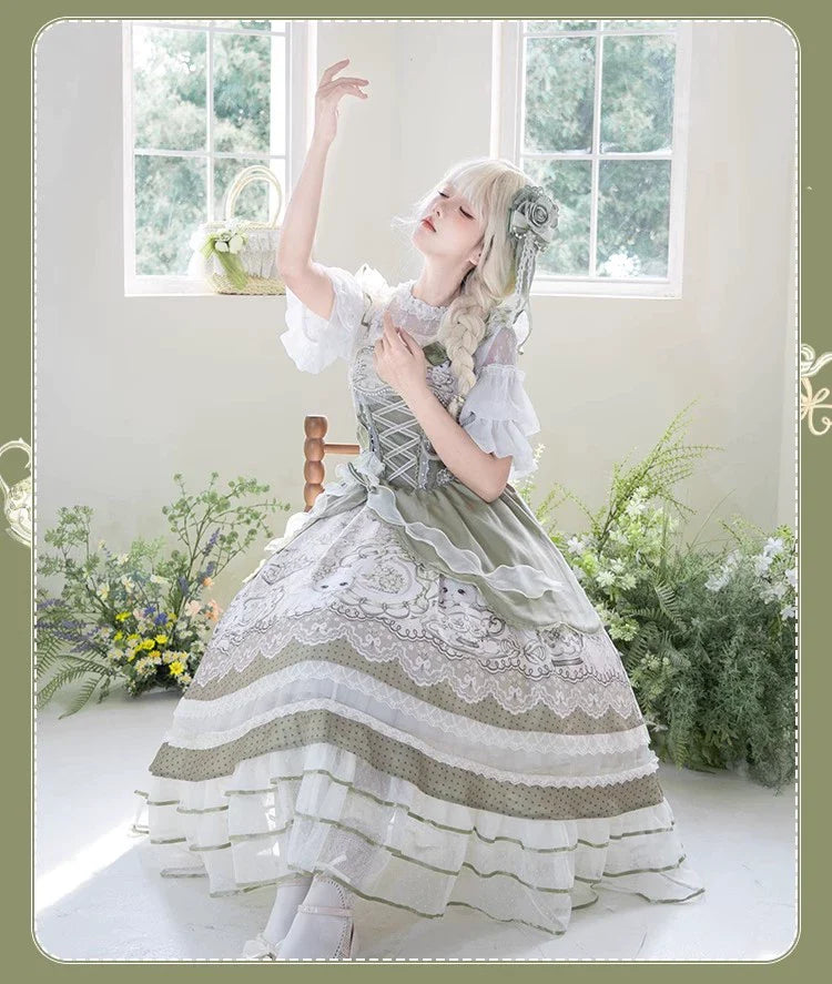 Sweet Lolita Dress - Light Green Layered Tulle Skirt with Lace & Embroidery