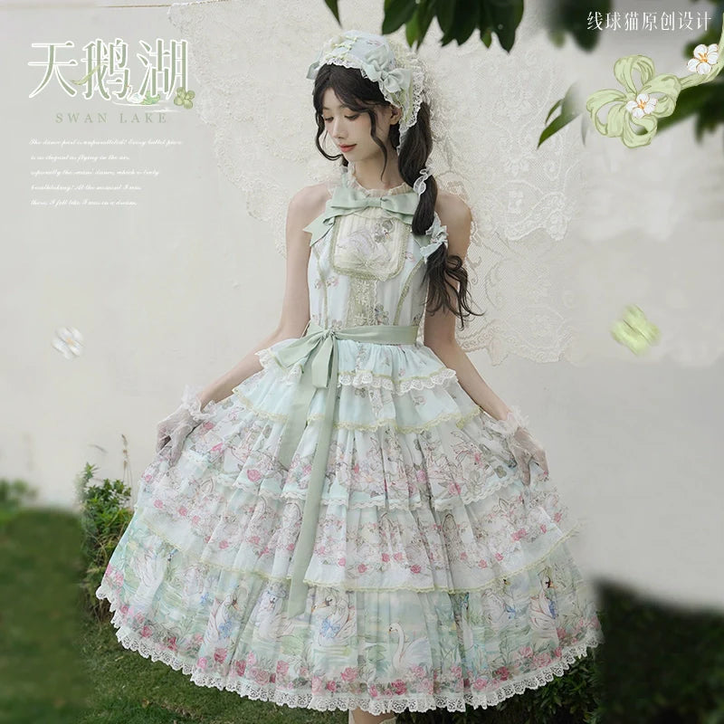 Elegant Vintage Floral Lolita JSK with Ruffled Details and Adjustable Waist Ties
