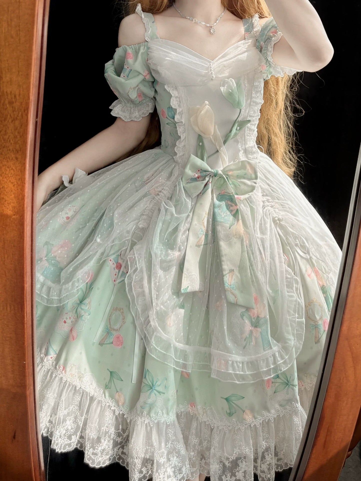 Vintage-Sweet Style Arrives! Mint-Green Print Lolita Dress with Lace Trim – Create a Retro-Sweet Girl Look