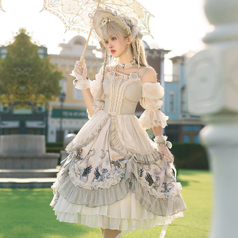 Ethereal Cream Floral Lolita Dress with Puffed Sleeves and Multi-Tiered Skirt