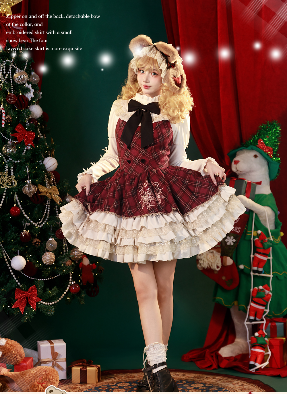 Chestnut Bear Cocoa Lolita Christmas Plaid Cloak JSK — Winter Vibe