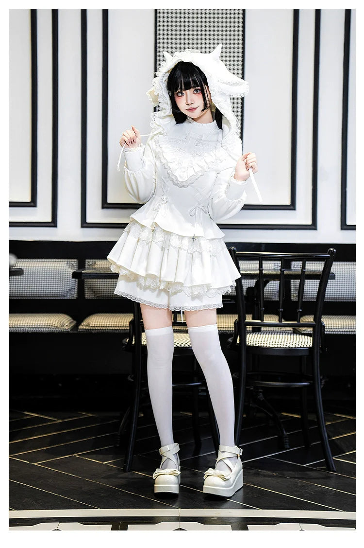 Gothic Lolita Dress with White Lace Collar, Long Sleeves and Lace - up Details