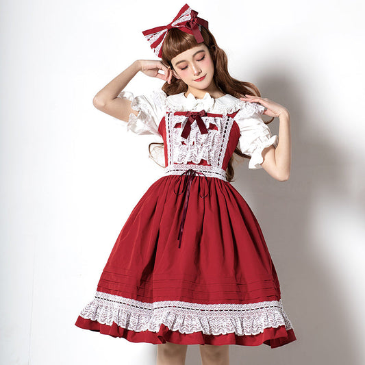 Elegant Multicolored Lolita Dress with Detachable Apron and Bow Details    OP & JSK