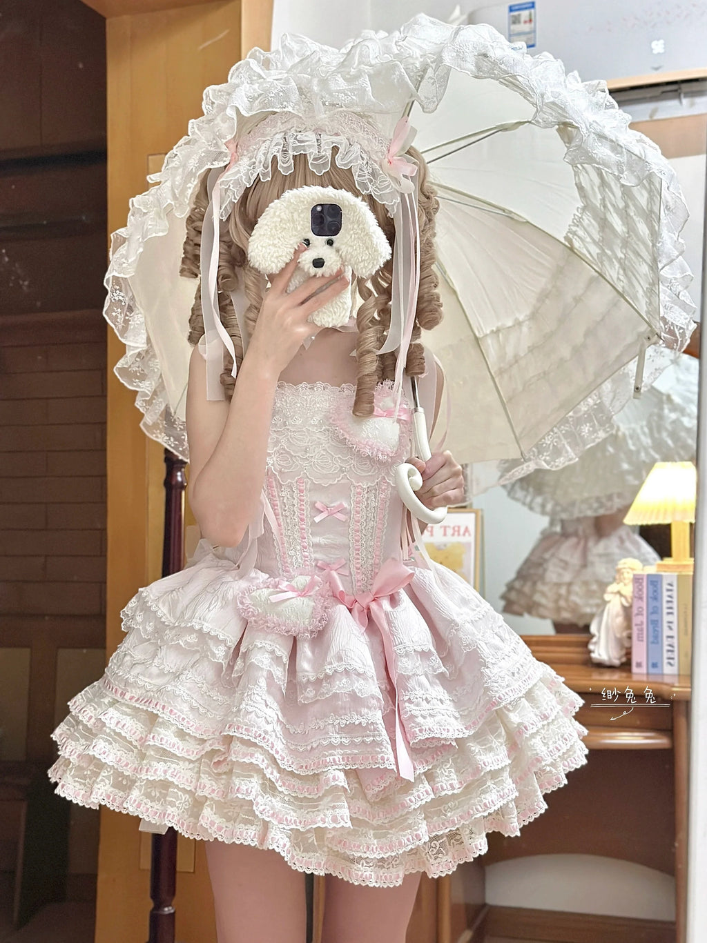 Whimsical Pastel Lolita Dress with Embroidered Animal Motifs and Ruffled Skirt