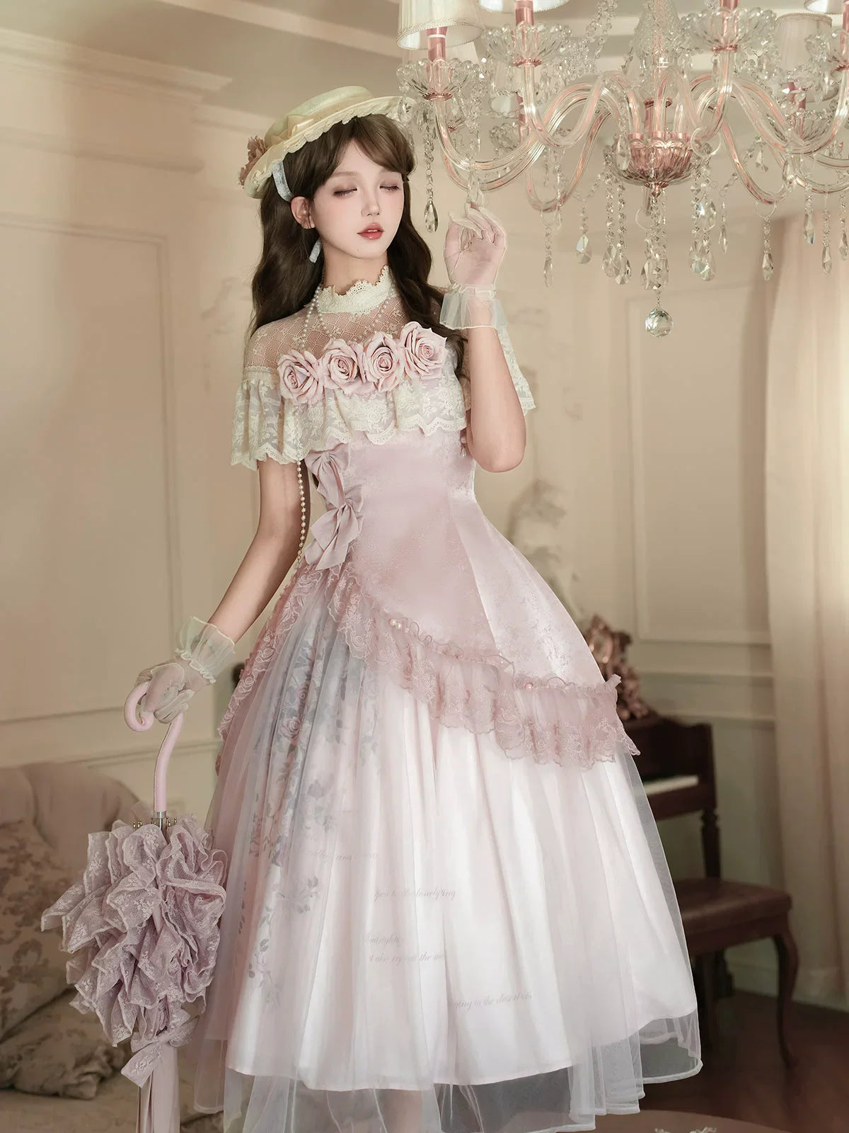 Vintage - inspired Pink Tea - length gown with Floral Lace and Tulle Layers, set for spring and summer