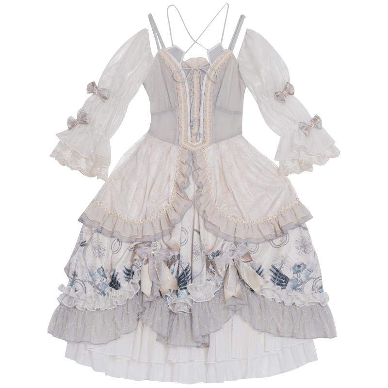 Ethereal Cream Floral Lolita Dress with Puffed Sleeves and Multi-Tiered Skirt