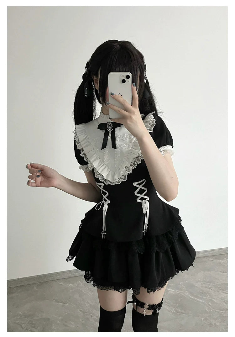 Gothic Lolita Dress with White Lace Collar, Long Sleeves and Lace - up Details