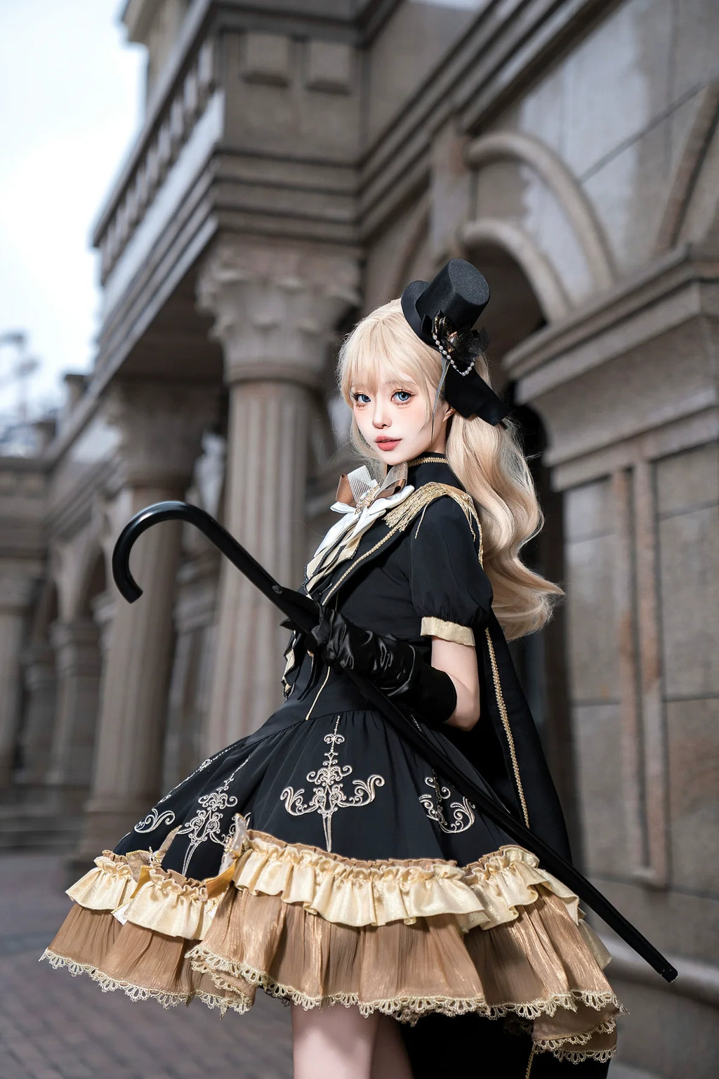 Steampunk - inspired Lolita Dress with Georgette Skirt, Elegant Bow - ties and Intricate Embroidery