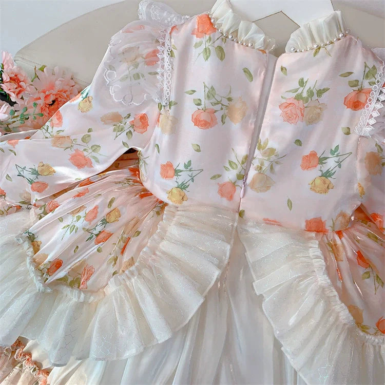 Charming Pastel Pink Lolita Dress for Girls - Floral Embellished, Multi-Layered Skirt, Perfect for Tea Parties and Special Occasions