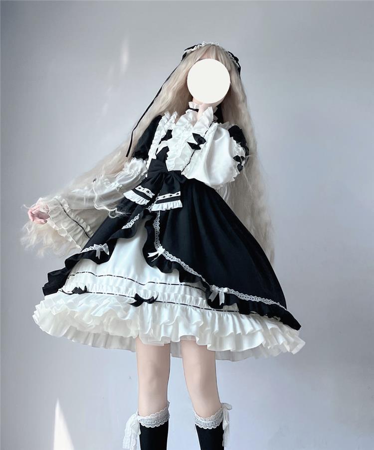 Elegant Black and White Layered Lolita Dress with Detachable Apron - Versatile and Comfortable for All Occasions