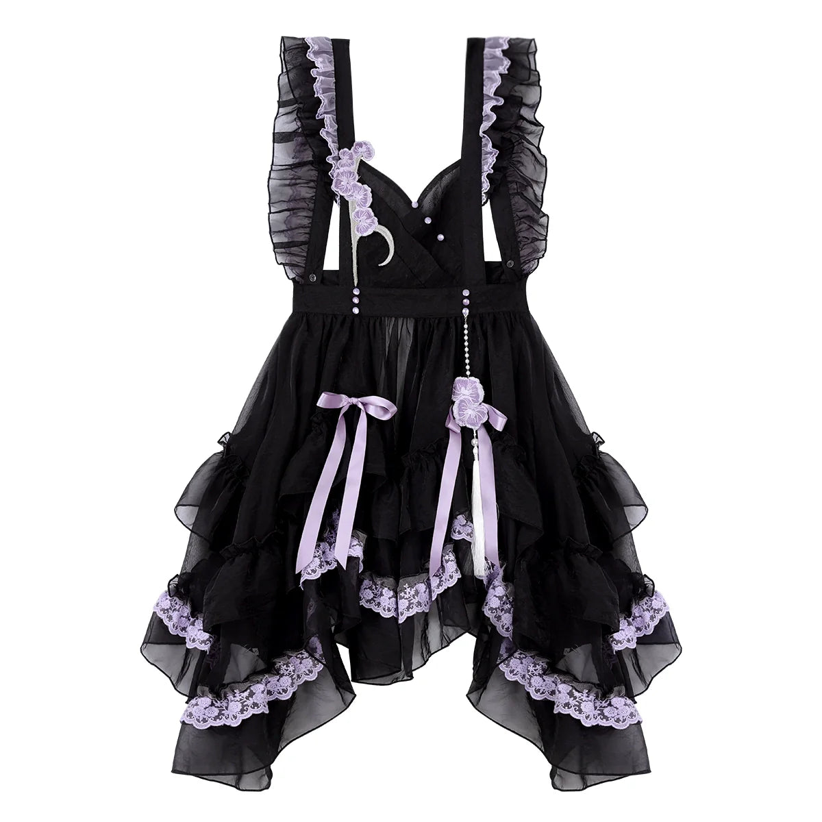 Elegant Purple and Black Lolita Dress with Detachable Apron and Intricate Lace Details