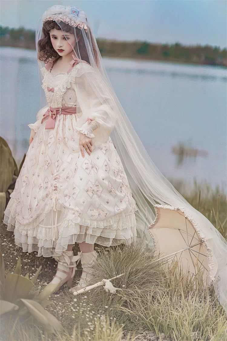 Elegant Cream Lolita Dress with Floral Embroidery and Ruffled Skirt - Perfect for Tea Parties and Special Occasions