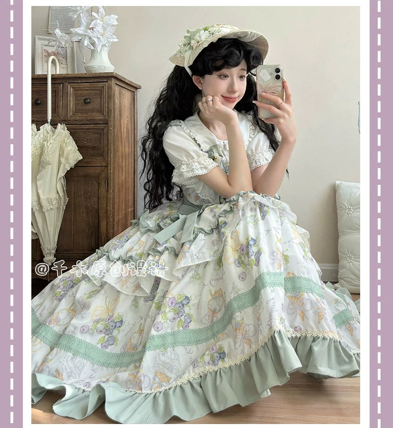 Pastel - hued Vintage - inspired Lolita Dress with Delicate Ruffles and Adorable Cartoon Prints