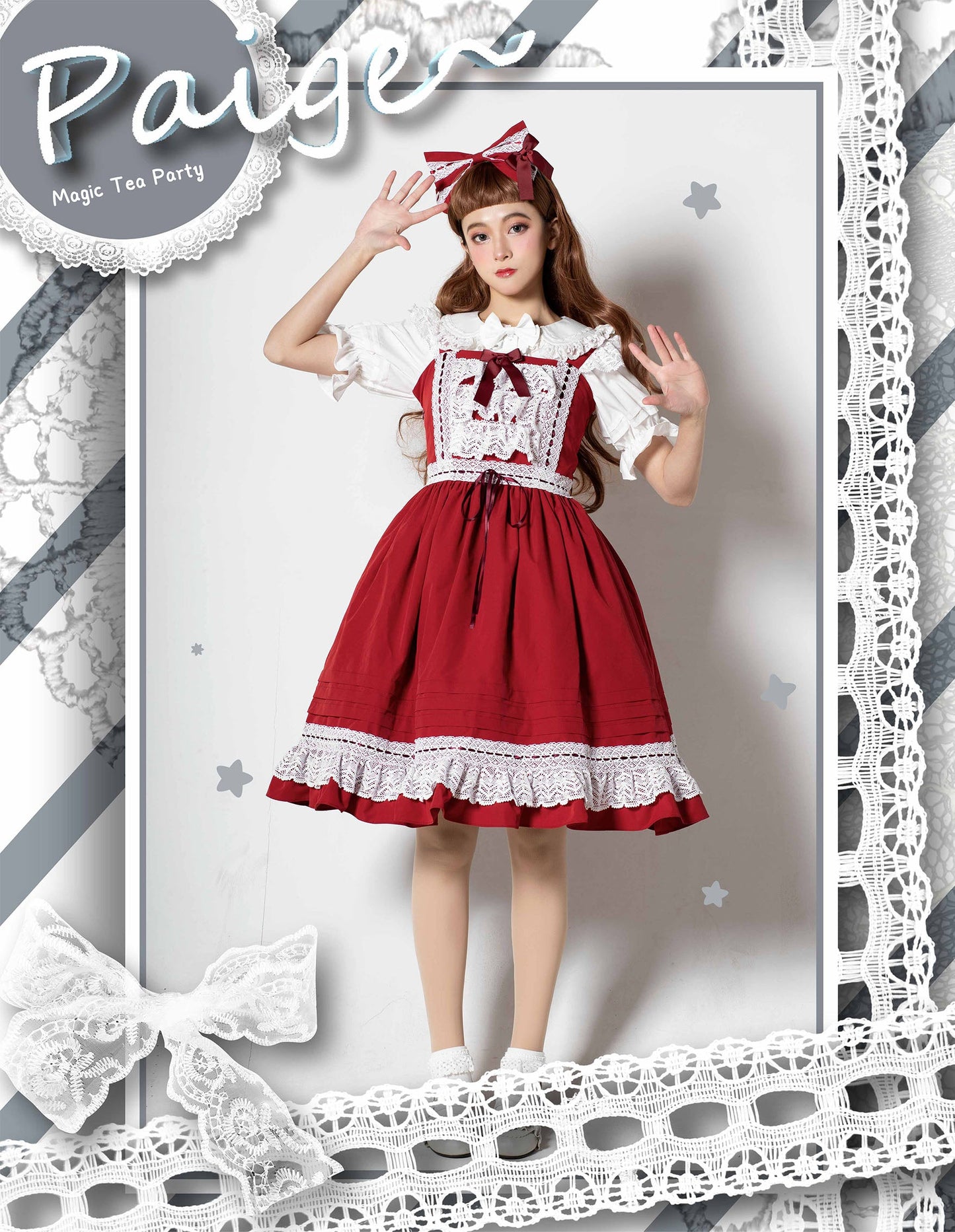 Elegant Multicolored Lolita Dress with Detachable Apron and Bow Details    OP & JSK