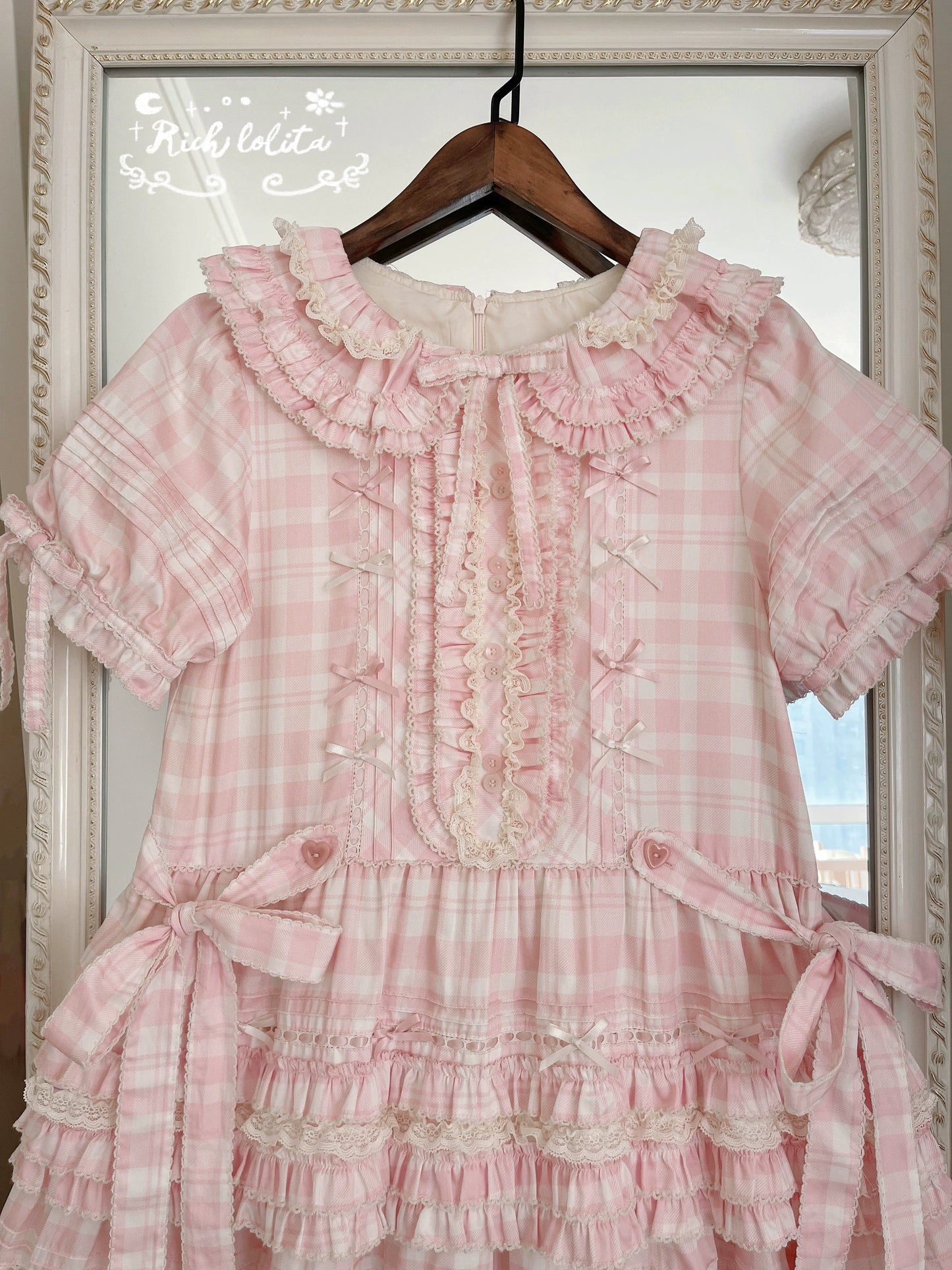 Pastel Pink Checkered Lolita Dress with Ruffled Skirt and Delicate Embellishments