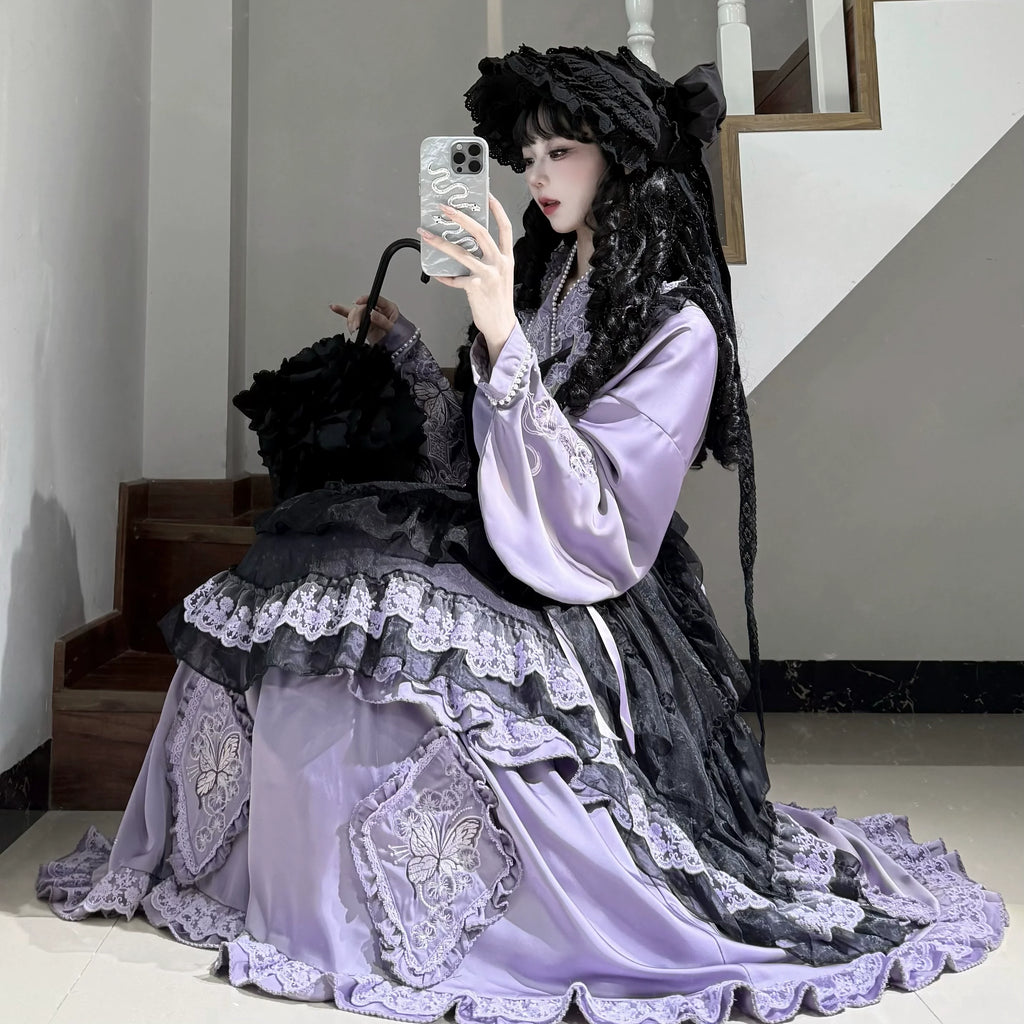 Elegant Purple and Black Lolita Dress with Detachable Apron and Intricate Lace Details