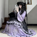 Elegant Purple and Black Lolita Dress with Detachable Apron and Intricate Lace Details