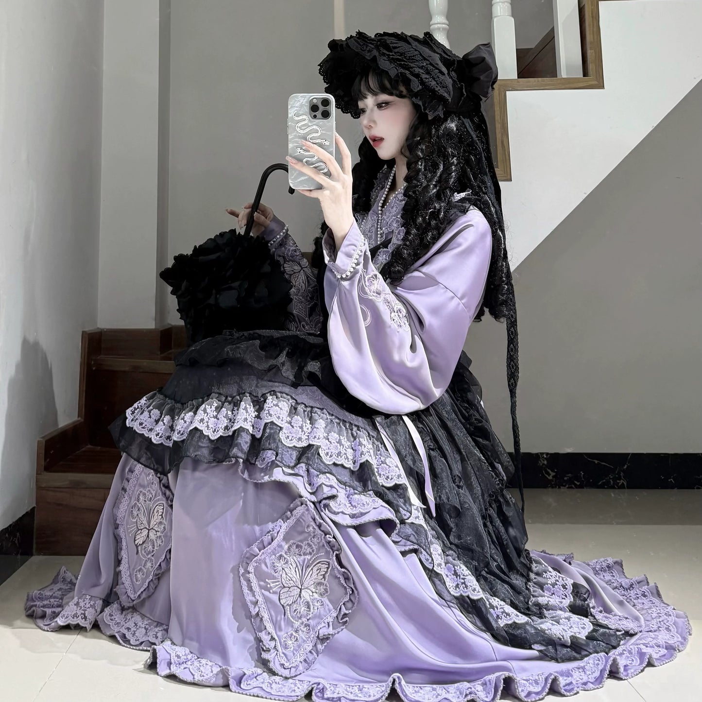 Elegant Purple and Black Lolita Dress with Detachable Apron and Intricate Lace Details
