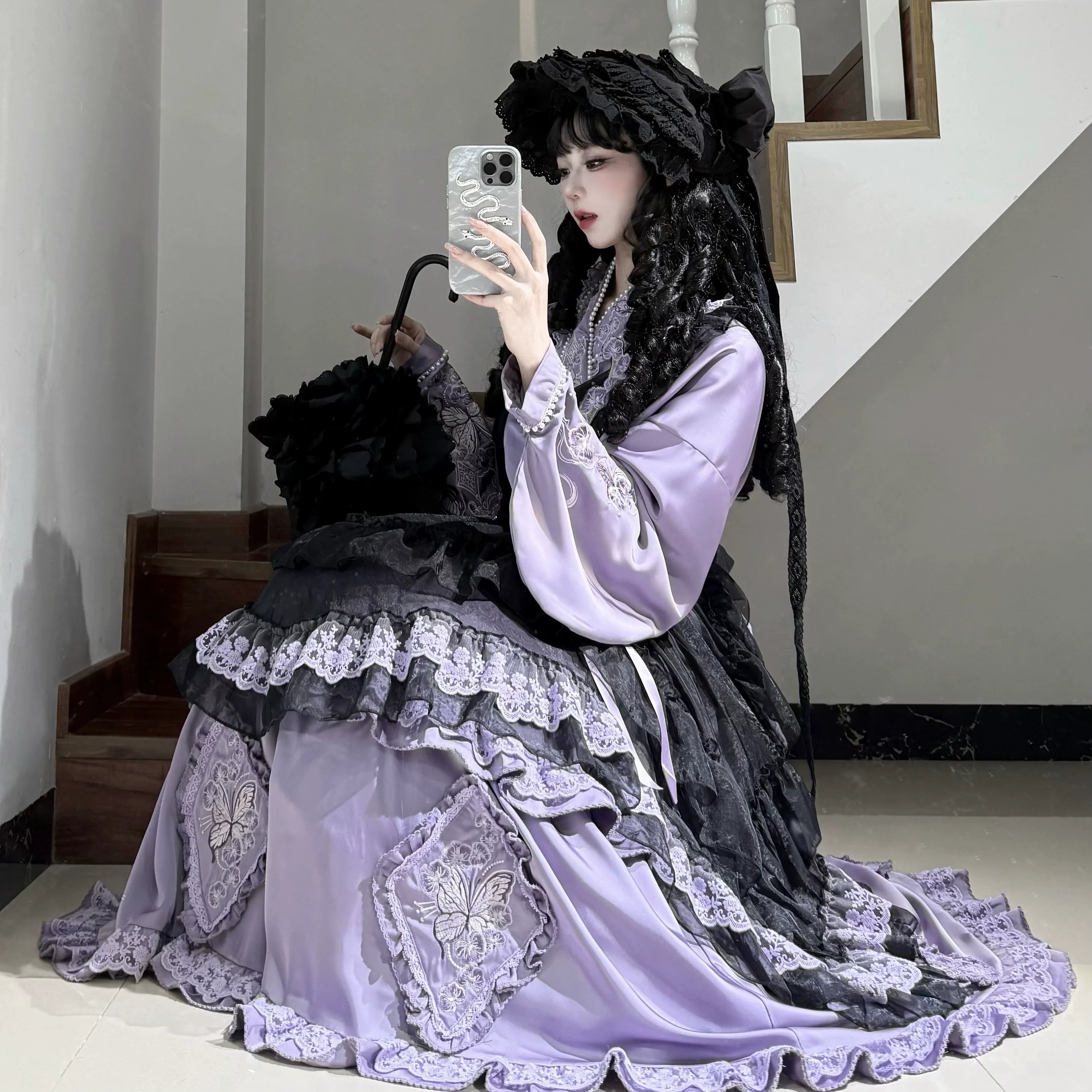 Elegant Purple and Black Lolita Dress with Detachable Apron and Intricate Lace Details