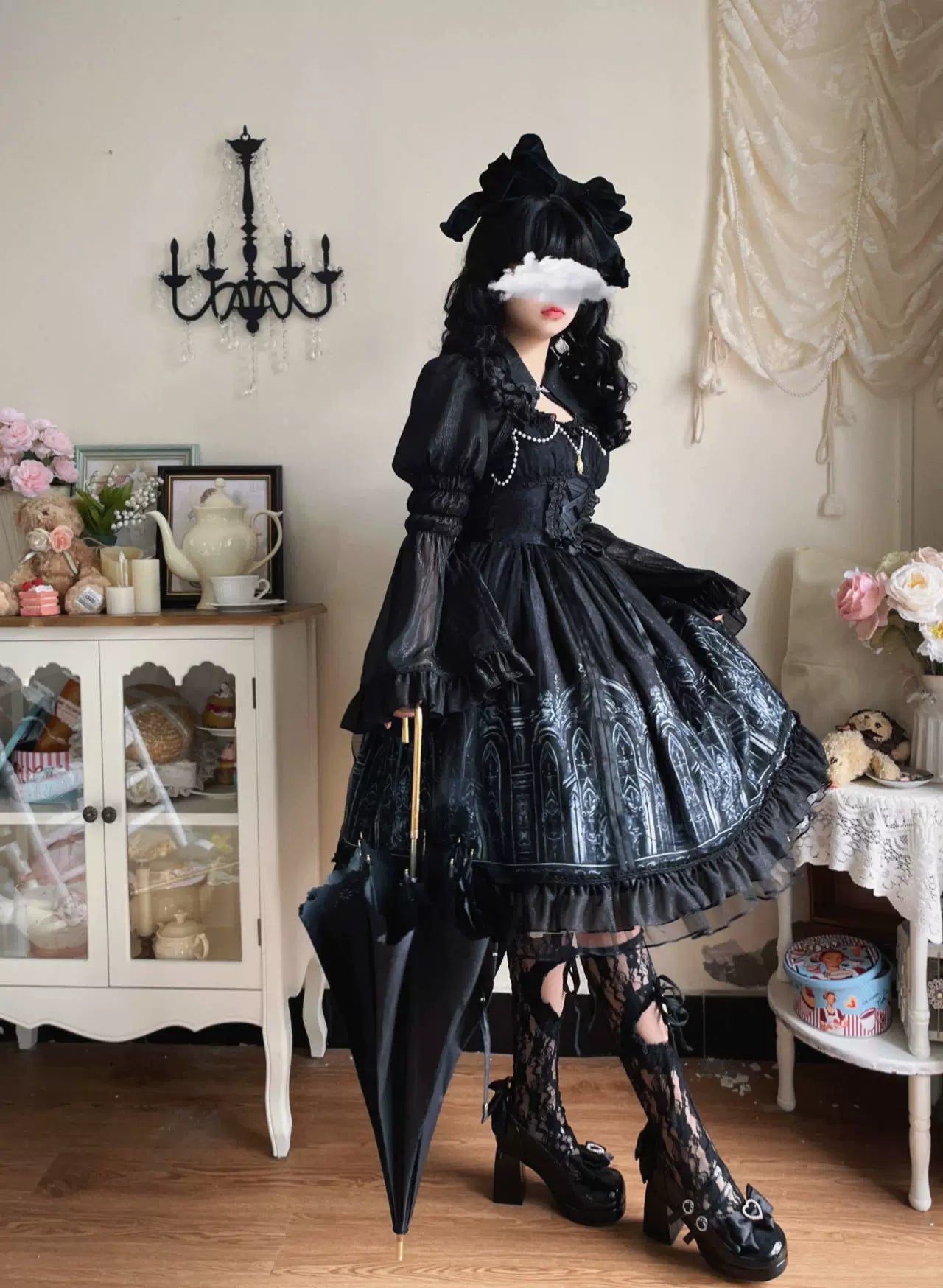 [Silent Night Church] Dark Gothic Elegance Lolita Dress with Lace and Pearl Accents