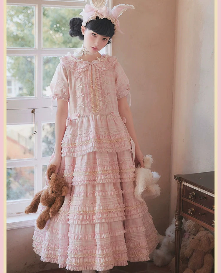 Pastel Pink Checkered Lolita Dress with Ruffled Skirt and Delicate Embellishments