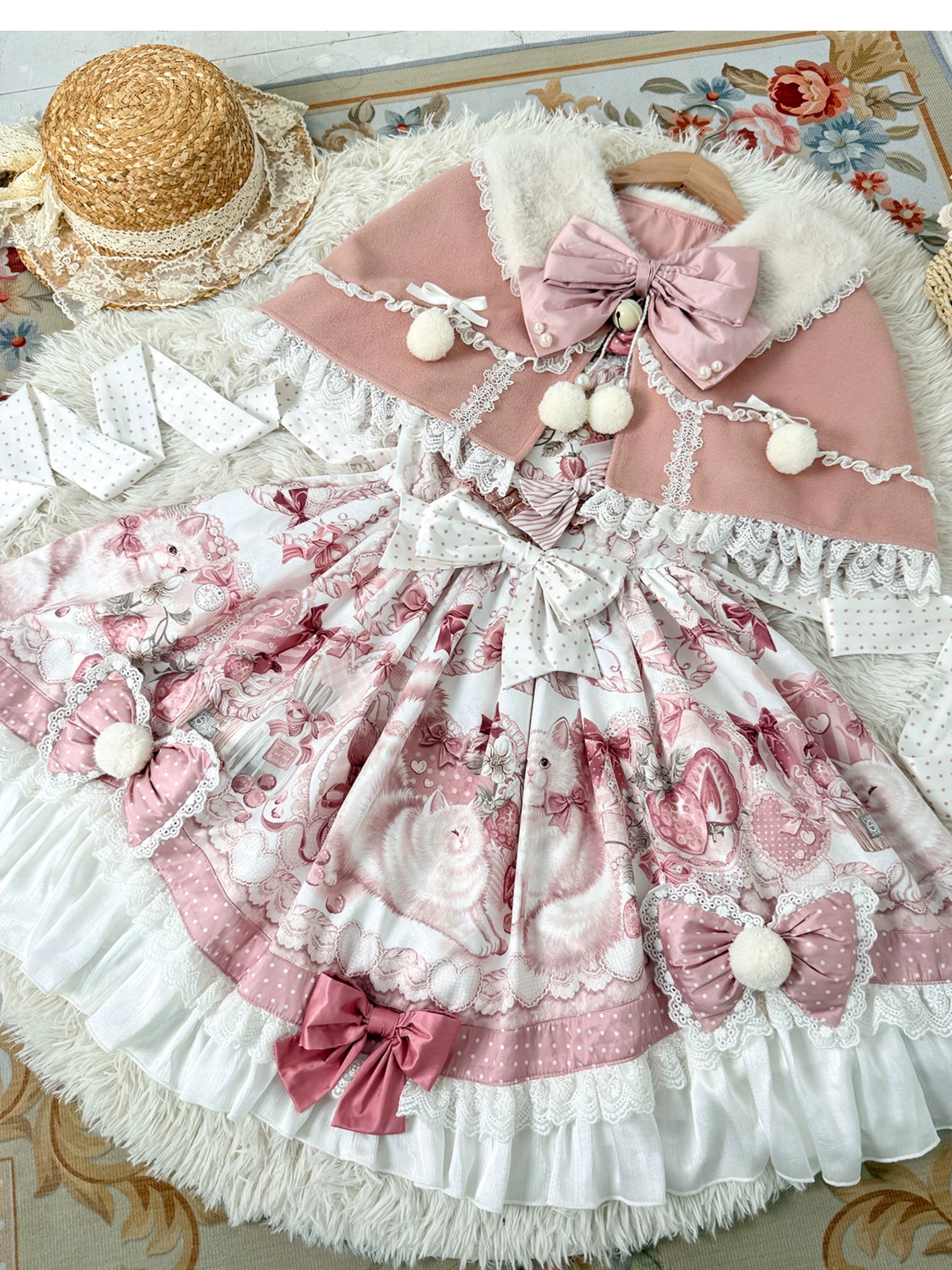 Lolita Capelette Dress Set with Bow - detail and Lace Trim, Pastel Pink and White Color Scheme