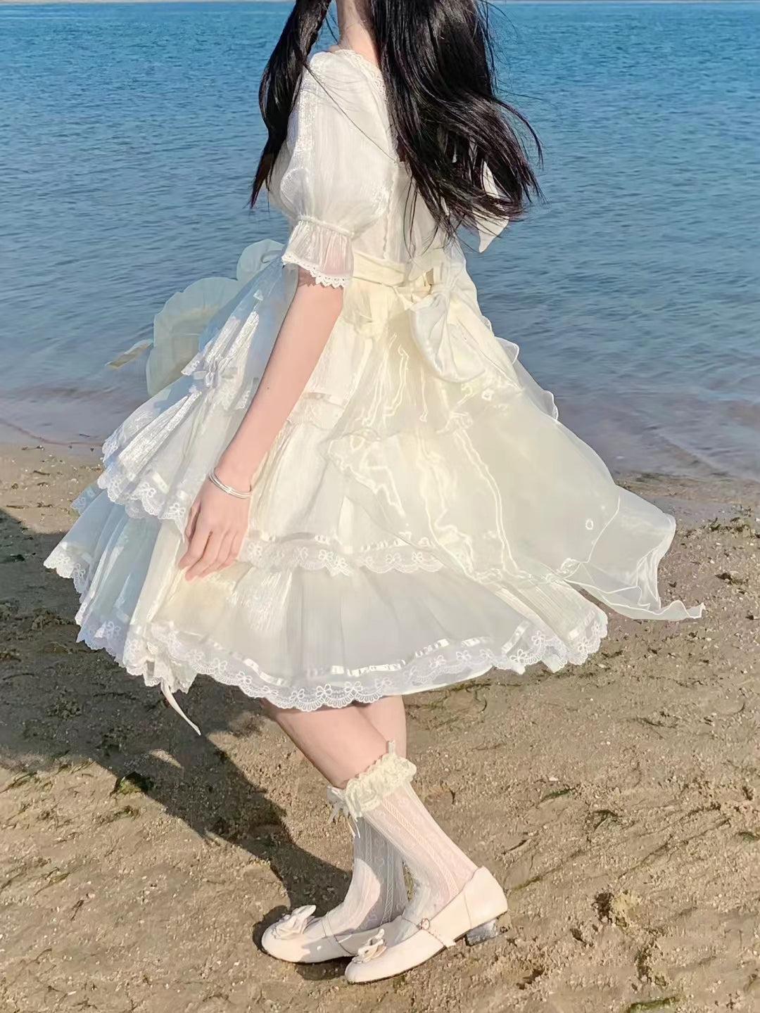 S-2XL Elegant Creamy White Lolita Dress with Lace and Ruffles - Perfect for Summer Outings and Garden Parties