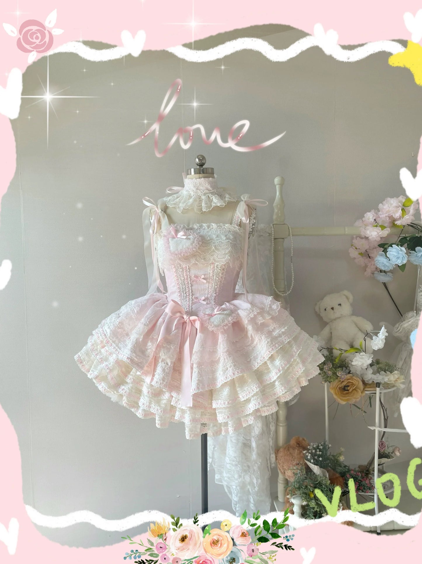 Whimsical Pastel Lolita Dress with Embroidered Animal Motifs and Ruffled Skirt