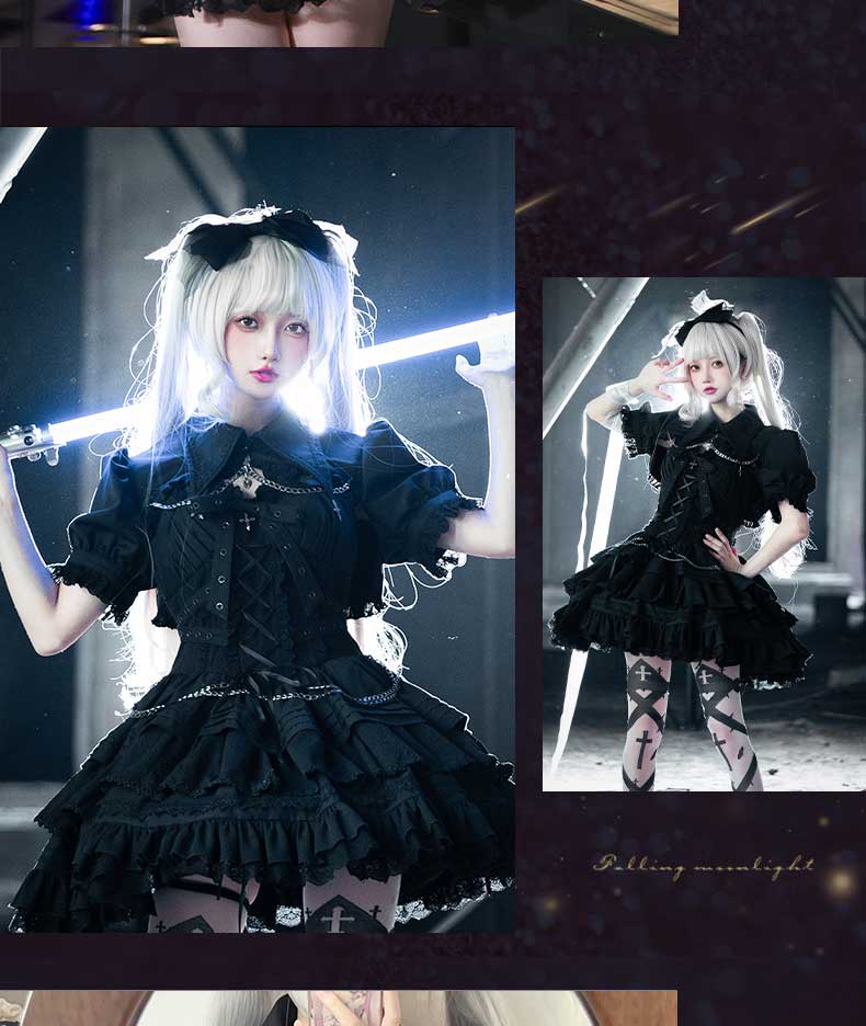 Gothic Elegance: Vintage-Inspired Black&White Lolita JSK with Intricate Details and Versatile Styling