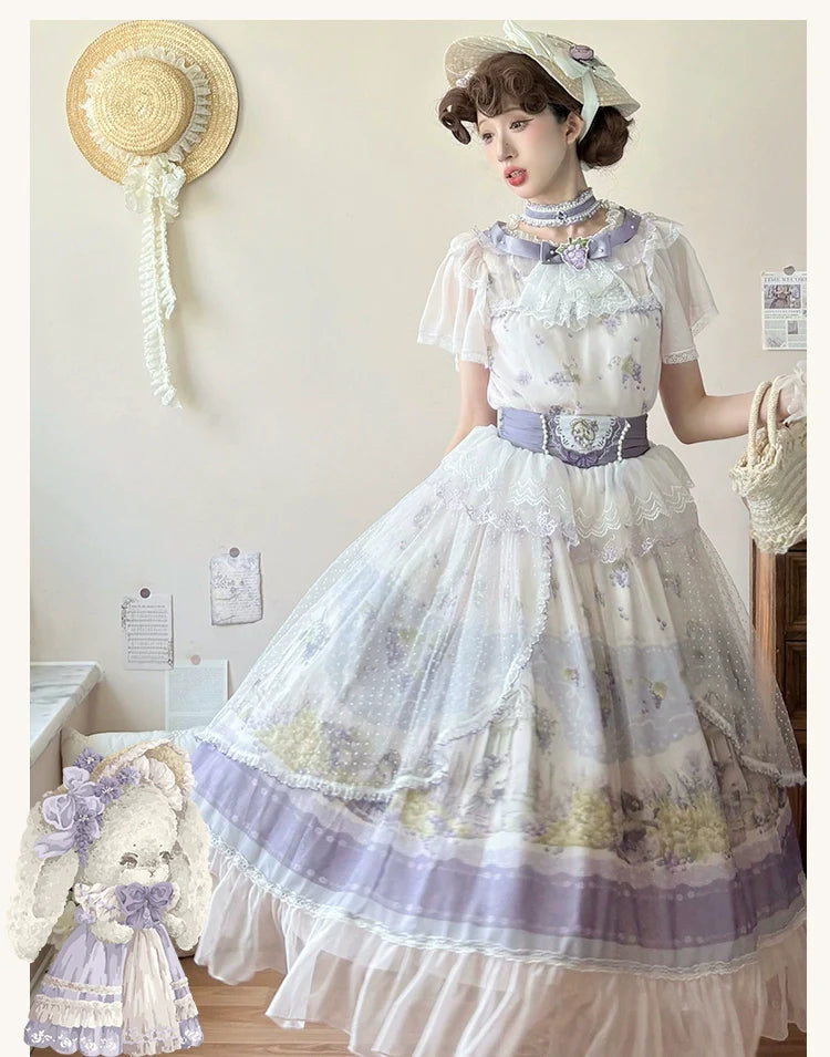 Lolita Dress - Delicate Purple - hued with Floral Patterns, Short - sleeved and Floor - length