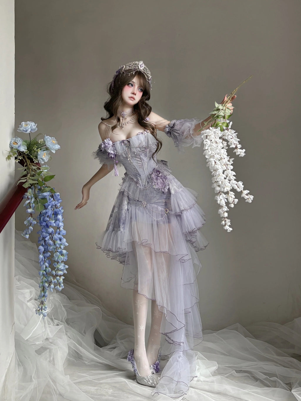 Dreamy Lavender Lolita Gown with Floral Embellishments, Layered Tulle Skirt