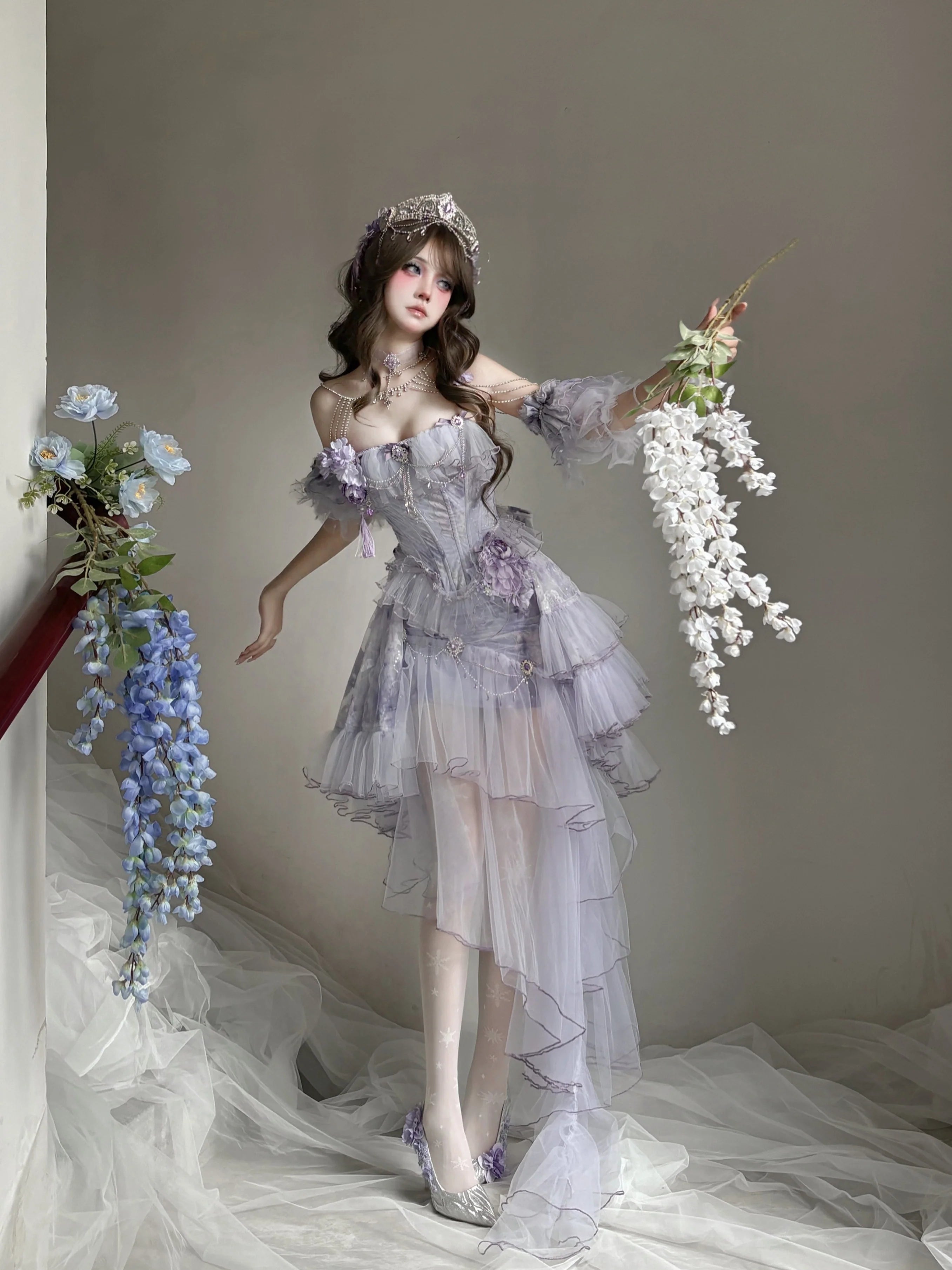 Dreamy Lavender Lolita Gown with Floral Embellishments, Layered Tulle Skirt