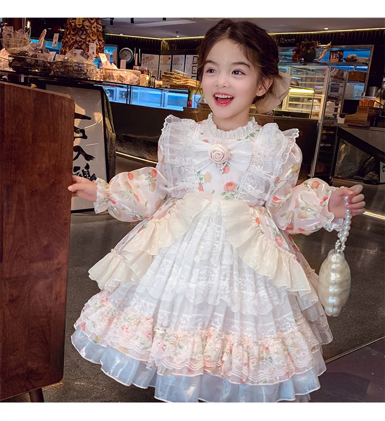 Charming Pastel Pink Lolita Dress for Girls - Floral Embellished, Multi-Layered Skirt, Perfect for Tea Parties and Special Occasions