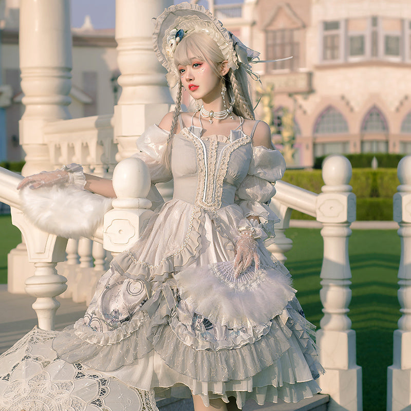 Ethereal Cream Floral Lolita Dress with Puffed Sleeves and Multi-Tiered Skirt