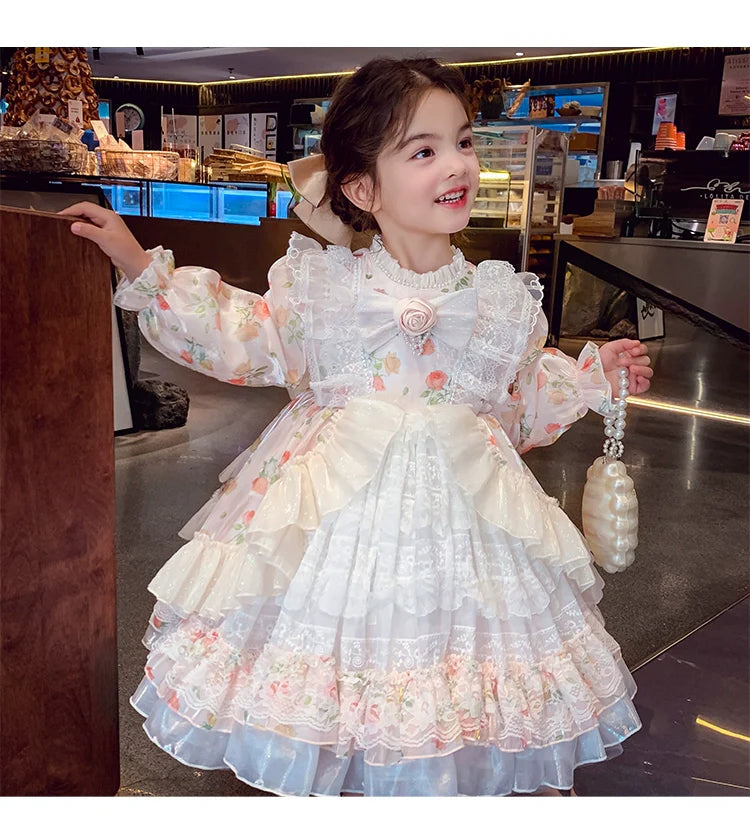 Charming Pastel Pink Lolita Dress for Girls - Floral Embellished, Multi-Layered Skirt, Perfect for Tea Parties and Special Occasions
