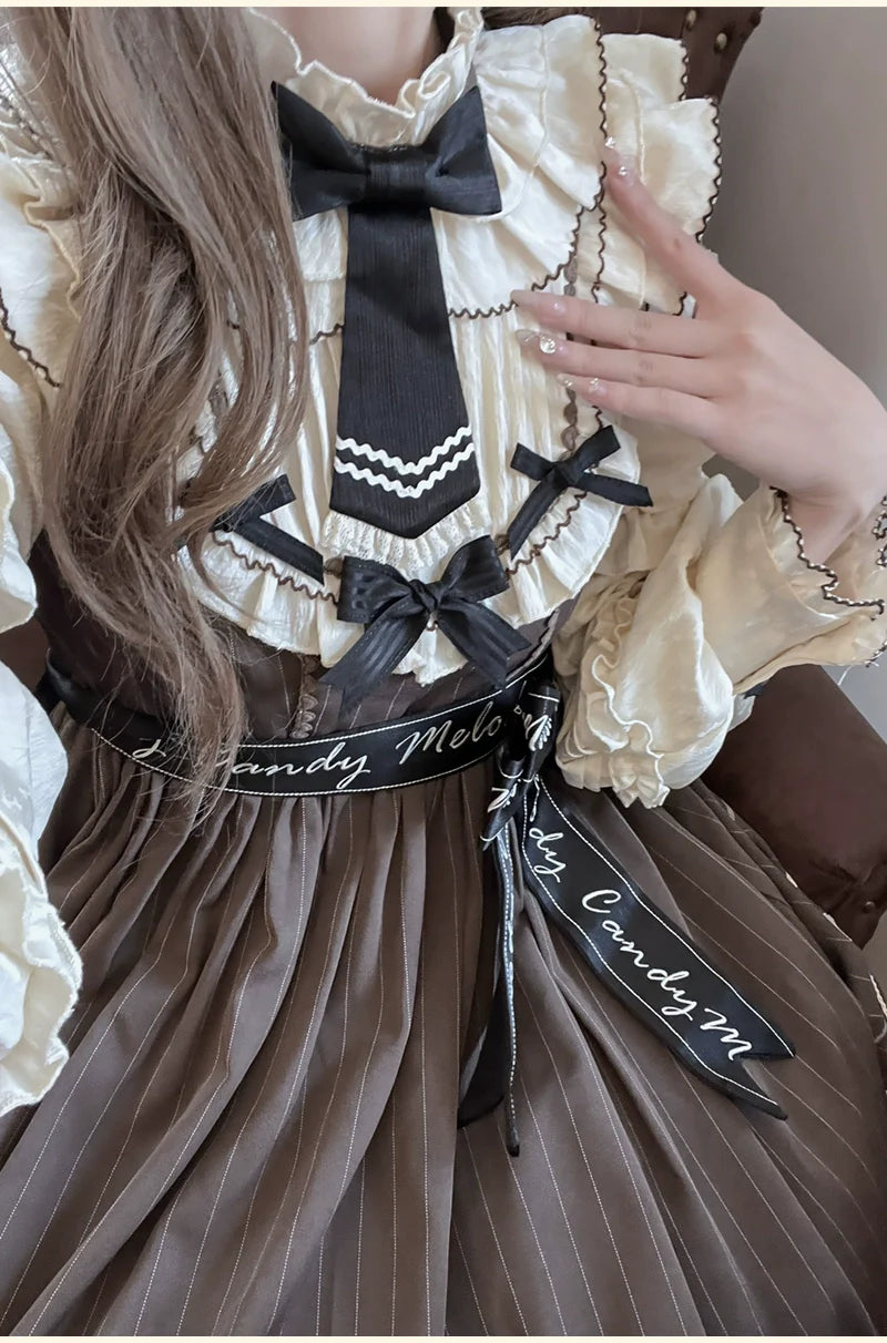 Aristocratic Elegance Lolita Dress - Pinstripe OP with Ribbon Belt and Lace Accents