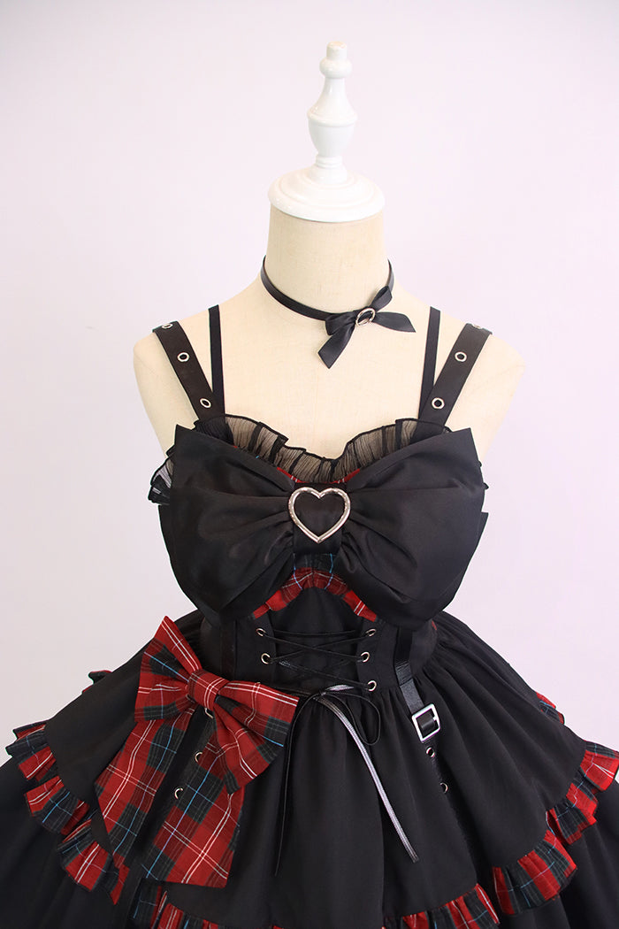 Elegant Gothic Lolita JSK with Heart Embellishment and Plaid Accents