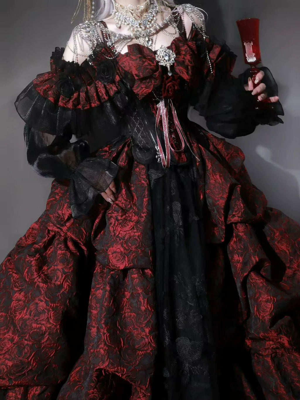 Elegant Victorian Inspired Gothic Lolita Ball Gown in Red & Black