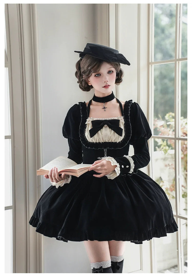 Square Neck Waist Boned Velvet OP Lolita (Gemini Winter Collection)