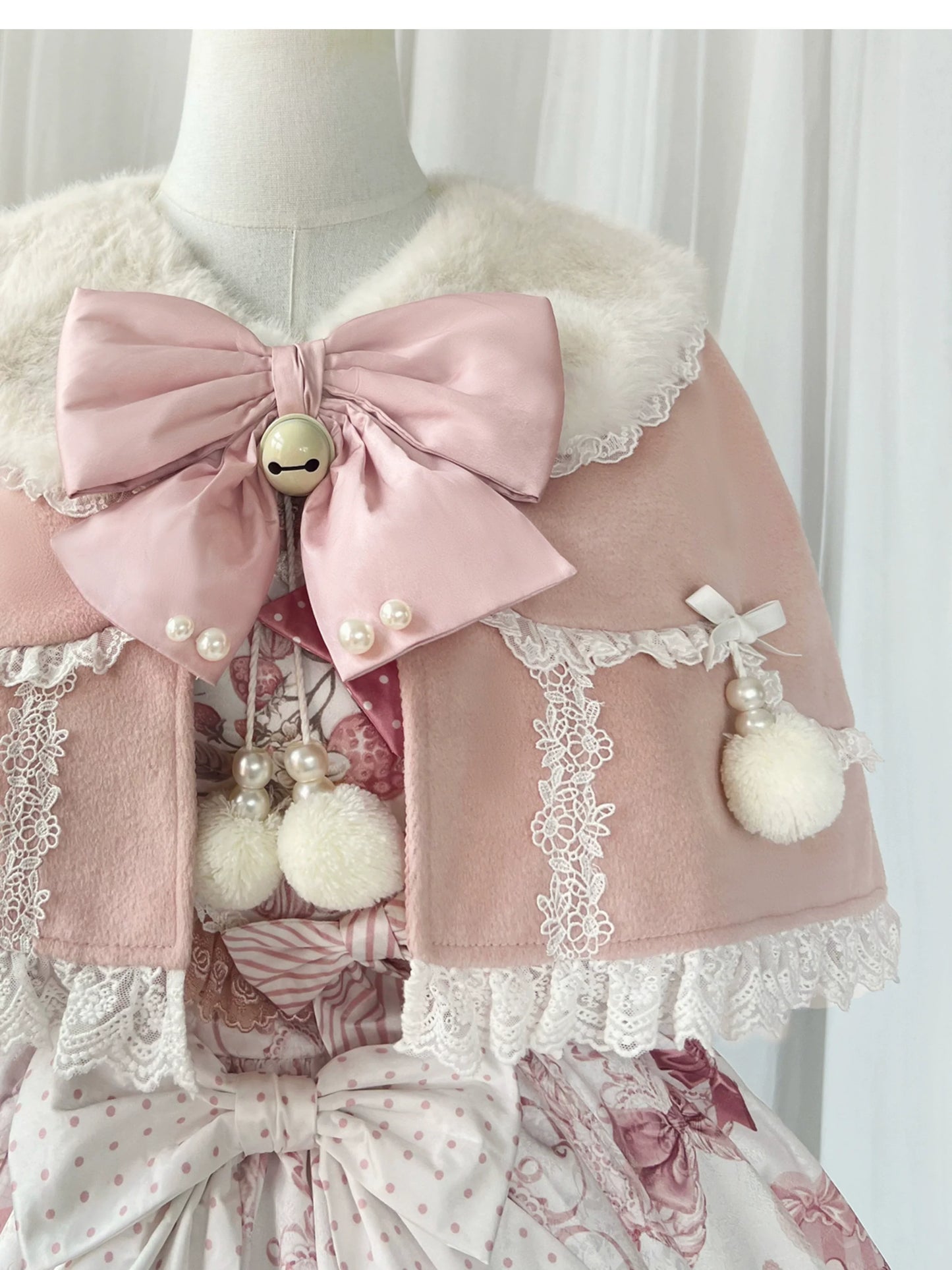 Lolita Capelette Dress Set with Bow - detail and Lace Trim, Pastel Pink and White Color Scheme