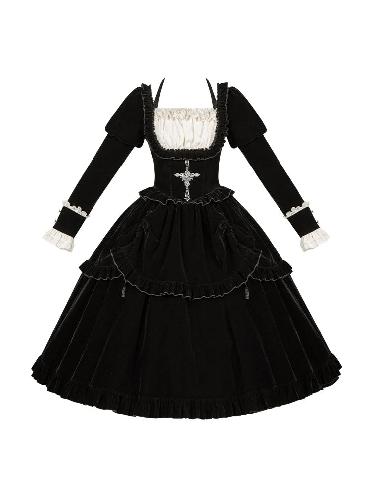 Square Neck Waist Boned Velvet OP Lolita (Gemini Winter Collection)