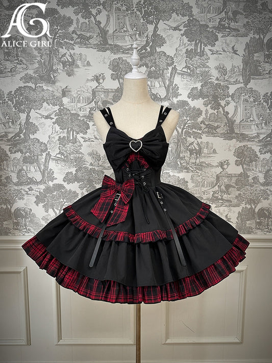 Elegant Gothic Lolita JSK with Heart Embellishment and Plaid Accents