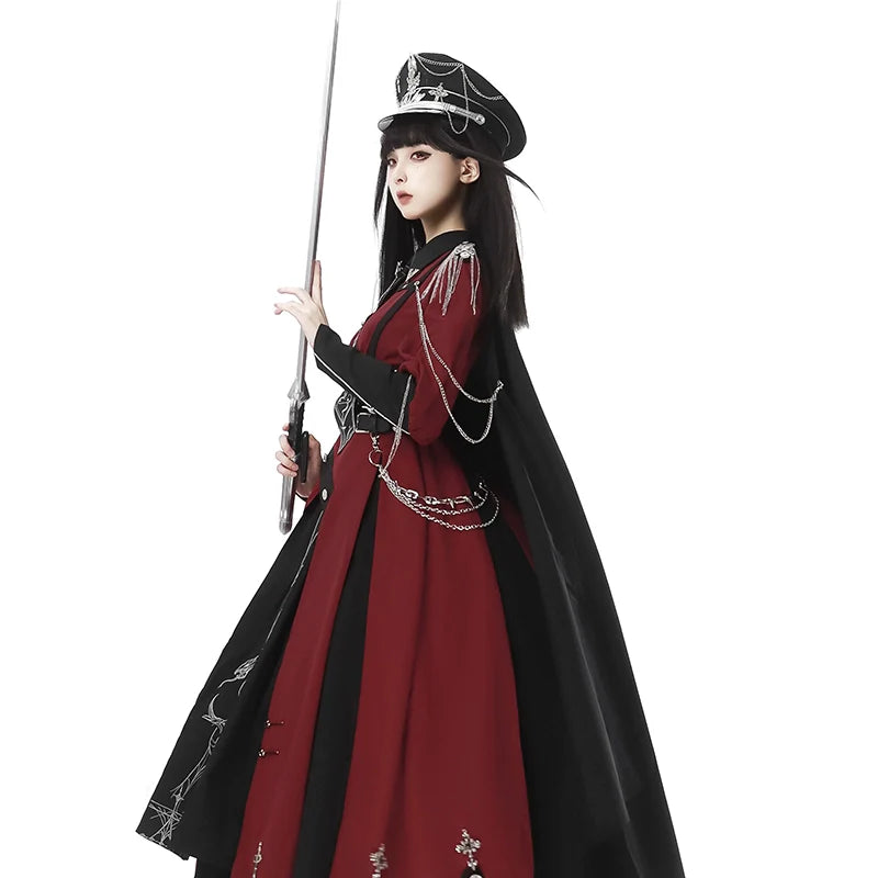 Gothic - style Long Cloak - holding Design, Embellished with Intricate Silver Patterns and Elegant Hat