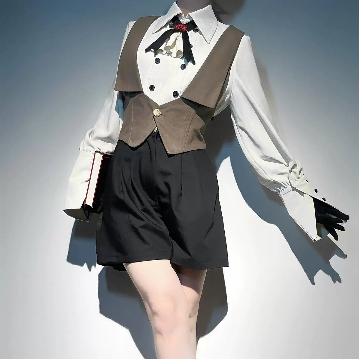 Gothic Knight-Inspired Midnight Silver-Embroidered Cloak Vest with Trousers Set