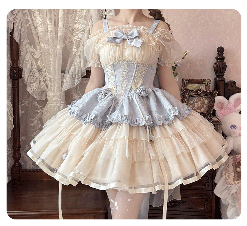 Sweet Lolita Off - the - Shoulder Dress with Tulle Skirt and Ribbon Details