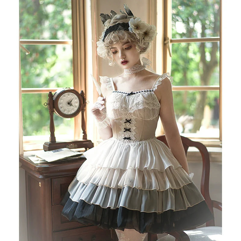 Paris Sunset JSK Fishbone with Built-in Bra Pads, Layered Skirt, Dramatic Full-Skirt Streamer Lolita Dress for All Seasons